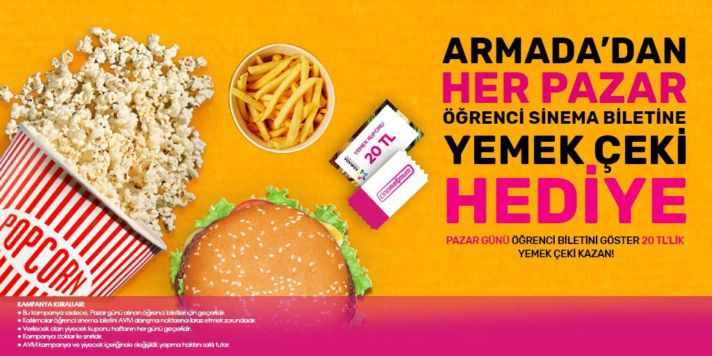 armada avm on twitter armada dan her pazar ogrenci sinema biletine yemek ceki hediye pazar gunu ogrenci biletini goster 20 tl lik yemek ceki kazan armada armadaavm armada avm sinema yemek yemekceki cinemaximum ogrenci