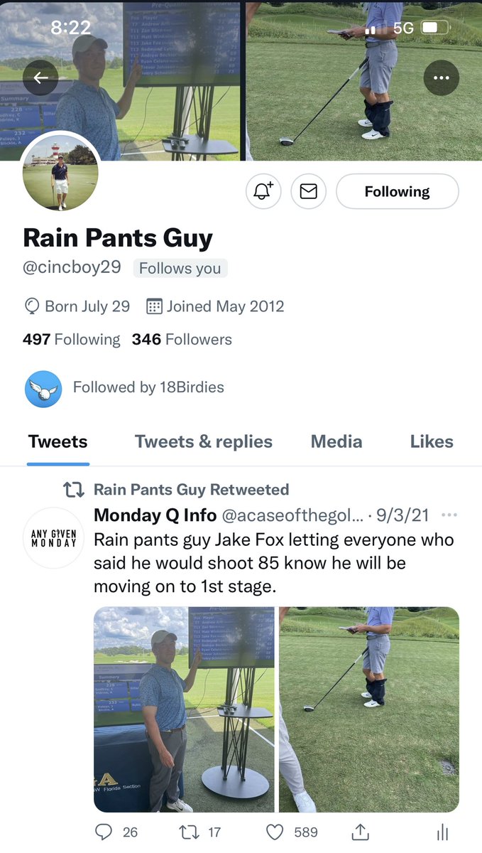 acaseofthegolf1's tweet photo. Forget pants at pre-q✅
Make it thru pre-q ✅
Make it thru 1st stage ✅
Change your name on Twitter to Rain Pants Guy✅

Rain pants guy (RPG) is one stage away from a KFT card. 

(If he gets his card obv needs to have rain pants sponsor) https://t.co/qKjtCajOe6