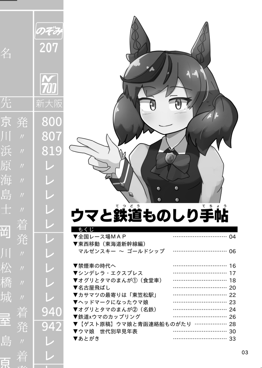 【9月新刊】「ウマと鉄道ものしり手帖」でます!
内容は表紙の通り、ウマ娘のモデルとなった馬達の時代に焦点を当てた、イラストを交えた鉄道系評論本です。
A5/36P/500円、プリティーステークス19R「ウマ29 アンバリヅカ」にて頒布予定!