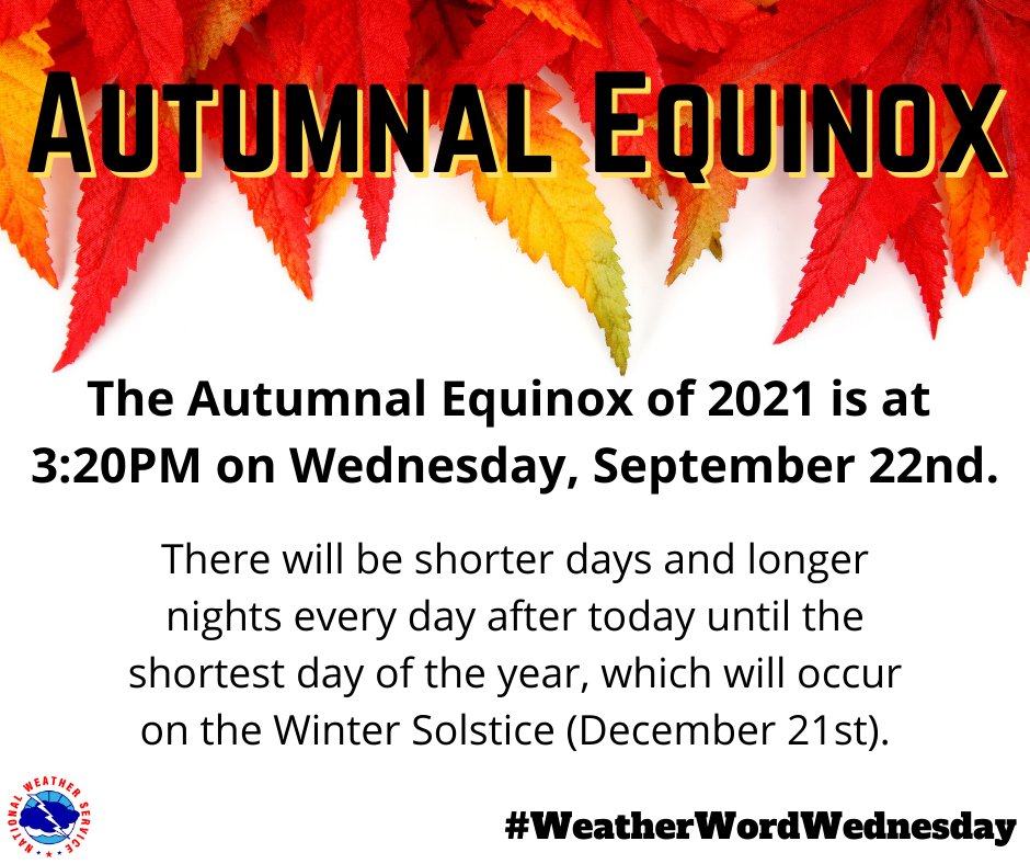NWSStateCollege's tweet photo. Happy #WeatherWordWednesday! Today's word is Equinox. The Equinox happens twice a year and means that the length of day and the length of night are exactly the same: 12 hours of day & 12 hours of night! After today, daylight will get shorter. Happy first day of fall! #PAwx https://t.co/jUgguqPzUw