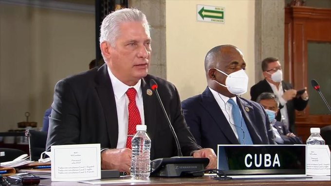 CubaMINREX's tweet photo. .@DiazCanelB | "Mis primeras palabras en esta histórica Cumbre solo pueden ser de profundo agradecimiento al pueblo mexicano y, de manera especial, al presidente Andrés Manuel López Obrador, por su entrañable amistad y solidaridad con #Cuba".

📸 Vía @SRE_mx | #CELAC2021 https://t.co/g8xeBW66Gc