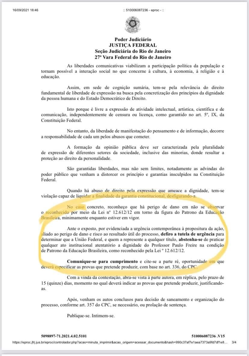 AncedBrasil's tweet photo. Justiça proíbe que a União Federal atente contra dignidade do Prof. Paulo Freire na condição de Patrono da Educação Brasileira.

A decisão liminar, proferida em caráter de urgência, atende a pedido do @mndh_brasil. 

Confira: https://t.co/VWGlBXNDvg https://t.co/AjSOEZMLex