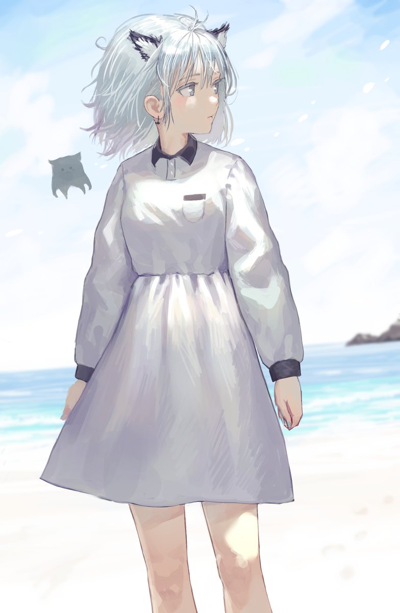 1girl dress animal ears solo white dress outdoors long sleeves  illustration images