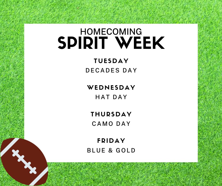 Show your SCHOOL SPIRIT this week!  Tuesday dress in your favorite decade’s attire. Can’t wait to see your creativity!!