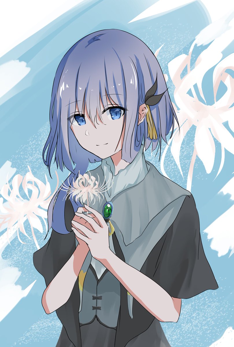 1girl solo flower blue eyes holding holding flower bangs  illustration images