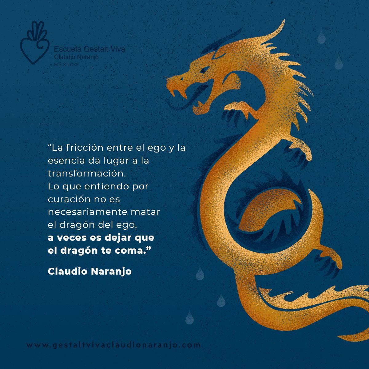 gestaltviva's tweet image. “La fricción entre el ego y la esencia da lugar a la transformación. Lo que entiendo por curación no es necesariamente matar el dragón del ego, a veces es dejar que el dragón te coma.”

Claudio Naranjo
#escuelagestaltviva #ClaudioNaranjo #ego #esencia