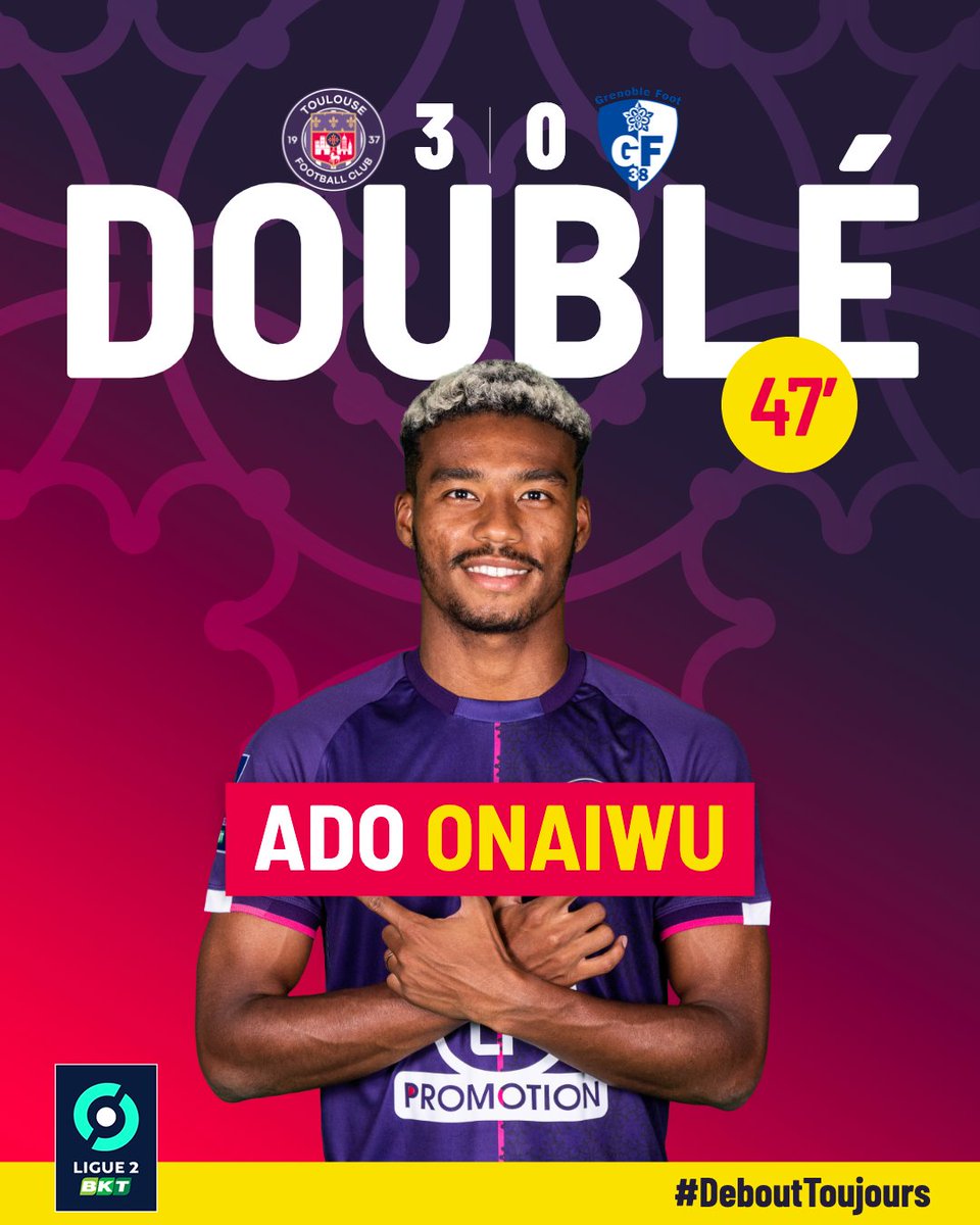 ToulouseFC's tweet image. ⏱ 47'
⚽️ On reprend comme on avait fini, avec un but d'@adosonoko110849, parfaitement servi par @BDejaegere 😈

Son premier doublé en @Ligue2BKT ✌️

3-0 #TFCGF38