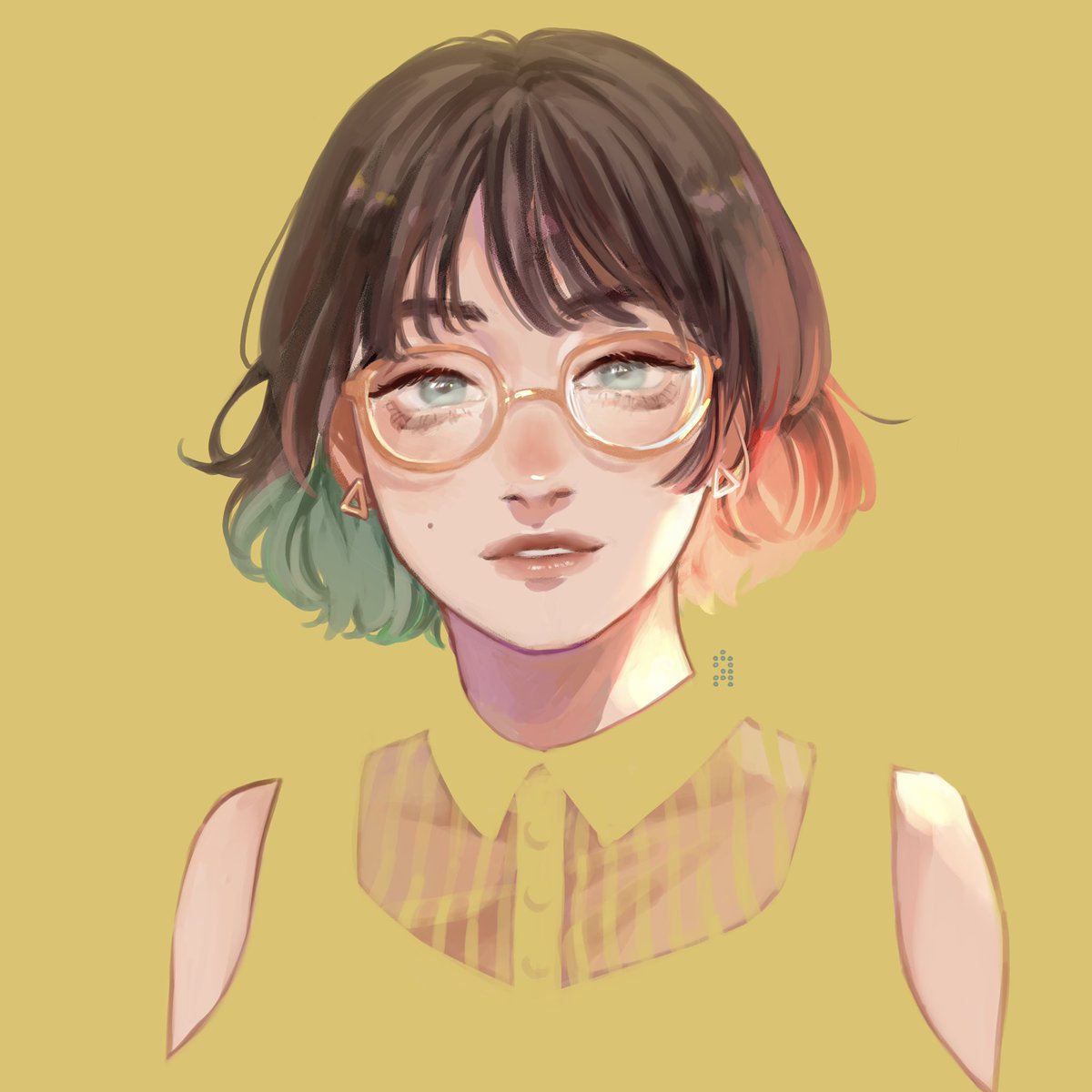 1girl solo glasses jewelry earrings mole shirt  illustration images