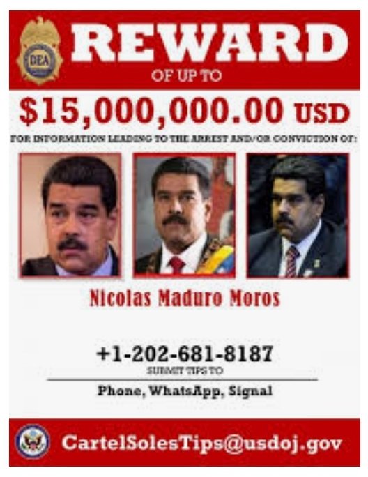 RManzaneroV's tweet photo. El Departamento de Estado de EE. UU. Ofrece una  RECOMPENSA DE HASTA $ 15 MILLONES  por información que conduzca al arresto y / o condena de  Nicolás Maduro Moros .
Si tiene información CONTACTE A LA DEA AL + 1-202-681-8187  CartelSolesTips@usdoj.gov ESTRICTAMENTE CONFIDENCIAL. https://t.co/S1FgSFaenG