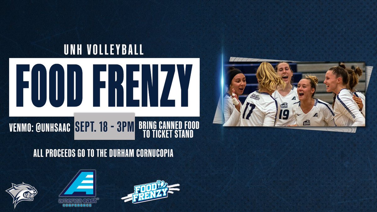 UNHVOLLEYBALL's tweet image. #UNHVB takes on Rhody at 3pm today from Lundholm Gym! Please bring non-perishable food items to support the Cornucopia Food Pantry! #BeTheRoar