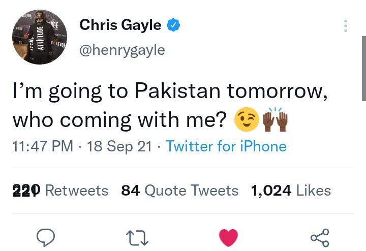 He's not coming to Pakistan. Infact he is criticizing New Zealand and supporting Pakistan in a sarcastic way.
#WelcomeGayle