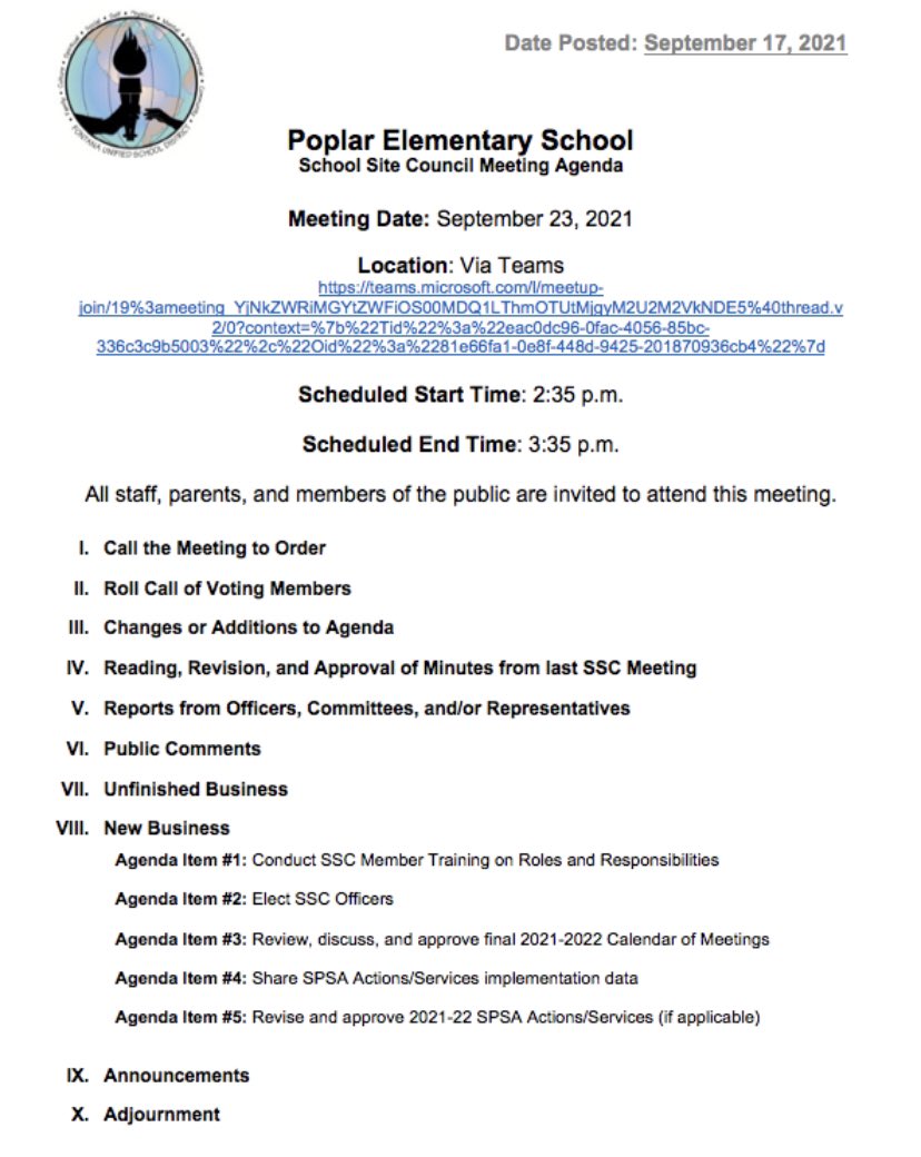 Join us for the School Site Council Meeting on September 23, 2021 at 2:35 PM. Everyone is welcome to come. The meeting will be held on teams.