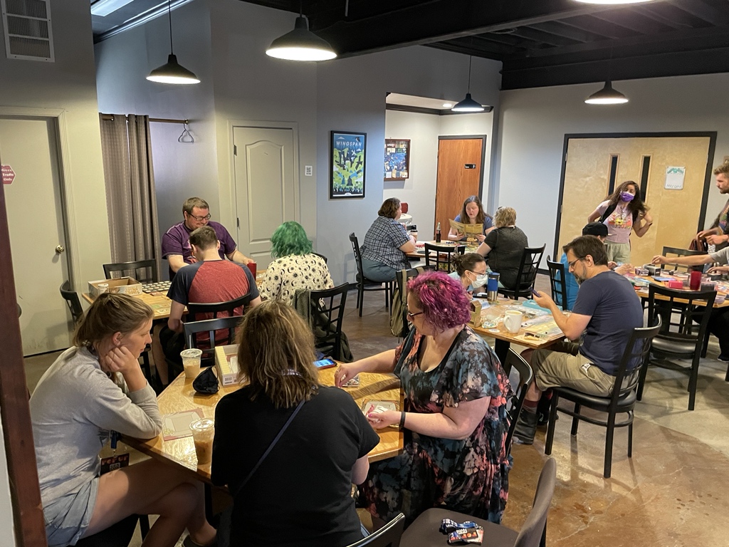 Spielbound's tweet photo. #PopUpGenCon happening now! Weโve had demos of Food Fight, For Glory, Gravwell, Dungeon Decorators, Bayou Bash & Godtear! Taco Bell party and Lost Ruins of Arnak up next. Great day to play! https://t.co/hmjzqGny3q
