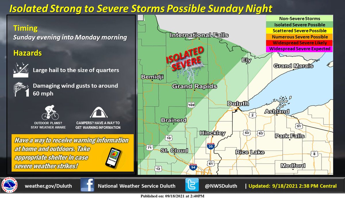 Isolated strong to severe storms will be possible Sunday night over north-central Minnesota, with large hail and damaging wind gusts being the main threats. If you have outdoor plans, stay weather aware and have a way to receive warning information! https://t.co/vfBUeMpqc5