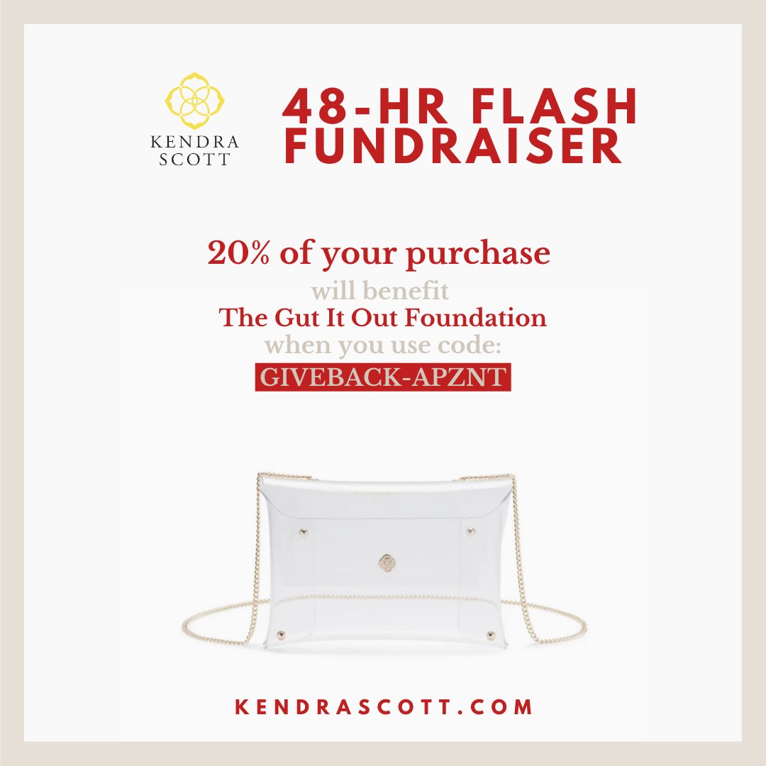 Shop @KendraScott today or tomorrow (9/18-9/19), and 20% will benefit the Gut It Out Foundation. For all our sports-loving ladies out there, you’ll love the limited time offer for a free clear game day bag when you spend $125! Shop now at kendrascott.com