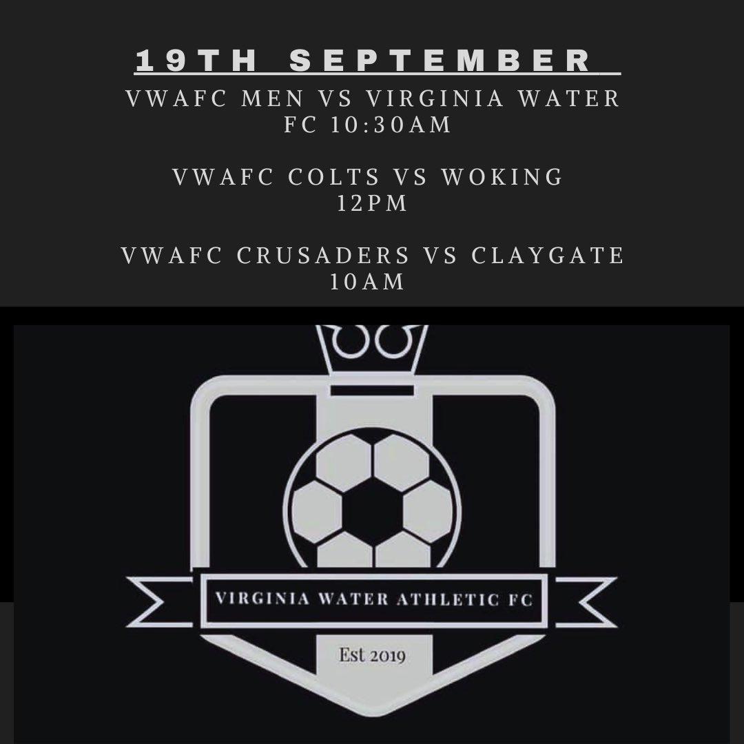 Tomorrow’s Games:

VWAFC Men vs VWFC 10:30am Away.

VWAFC Colts vs @WokingTown_FC 12pm Home.

VWAFC Crusaders vs @ClaygateRoyals 10am Home,

Good luck to all teams 👍🏻