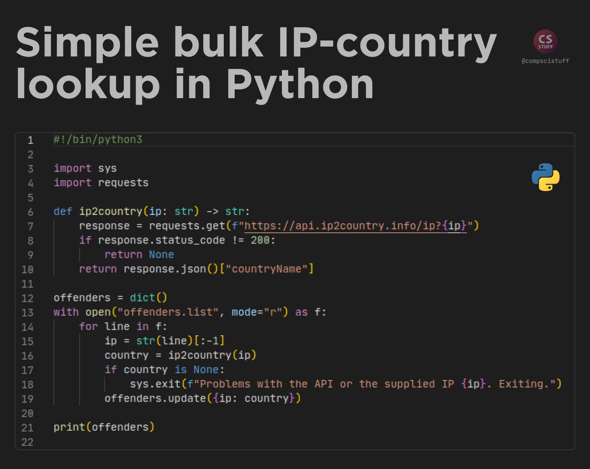 compsci_stuff's tweet image. Simple IP-Country lookup in Python

#python #python3 #programming #cybersecurity