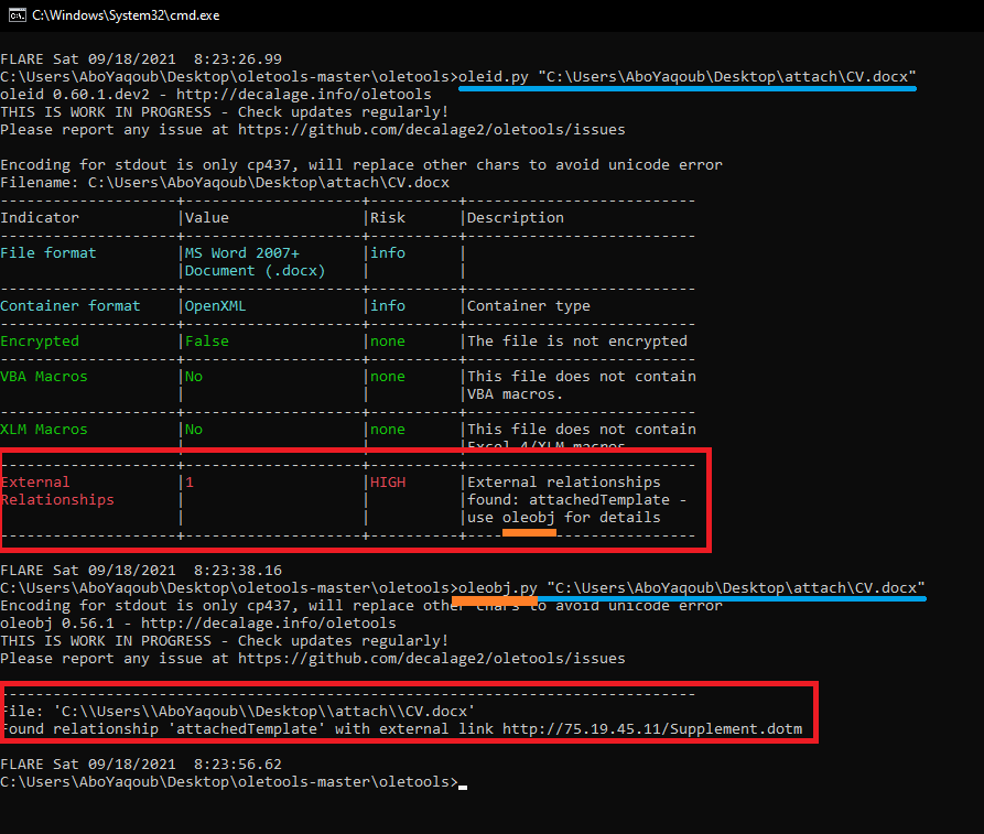 من الأدوات المفيدة في تحليل ملفات الأوفس من malware هي أدوات oletools.

هنا صورة توضيحية ل طريقة أستخدامها, اولاً نسخدم أداة oleid لمعرفة تفاصيل الملف من Macros أو أي روابط خارجية.
وإذا ظهر لك اشتباه تستخدم الأداة الموجود في الوصف لتحليلها بشكل أفضل

github.com/decalage2/olet…