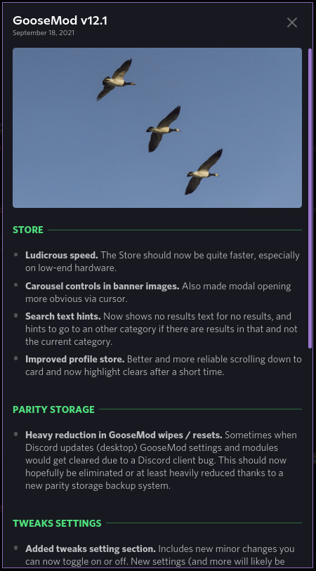 Goose_Mod's tweet photo. GooseMod v12.1 is now out! Various improvements with Store UI, storage, settings, and more. Enjoy! https://t.co/EYaJCcdtoK https://t.co/xW4RyQrJ5e