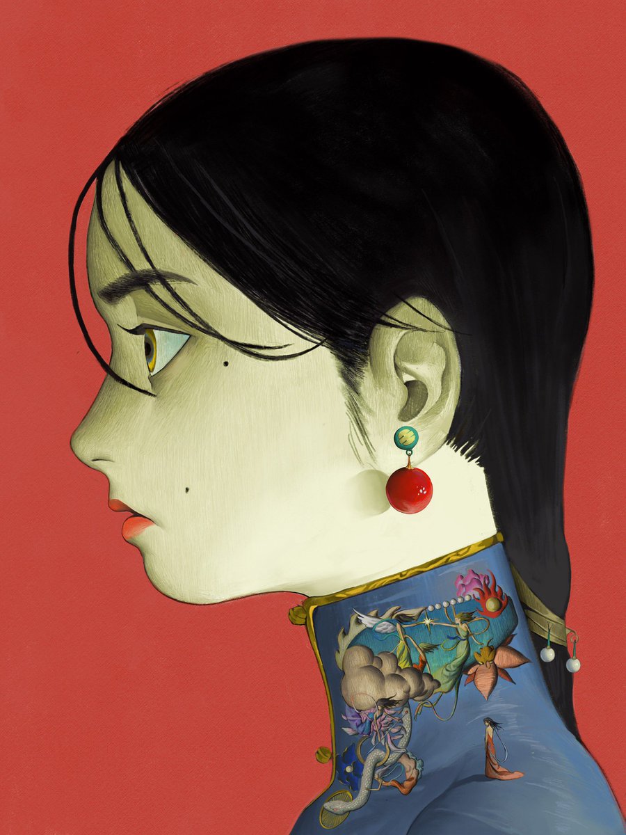 jewelry earrings 1girl black hair mole solo profile  illustration images