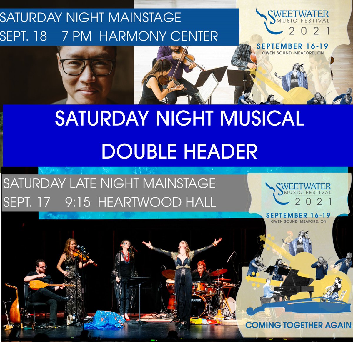 Coming up tonight  #SweetWater2021 an amazing double header... a classical extravaganza during our Saturday Night Mainstage and later the Saturday Late Night Mainstage. Live in-person tickets available and both concerts are being livestreamed. ow.ly/13wp50Gck9n