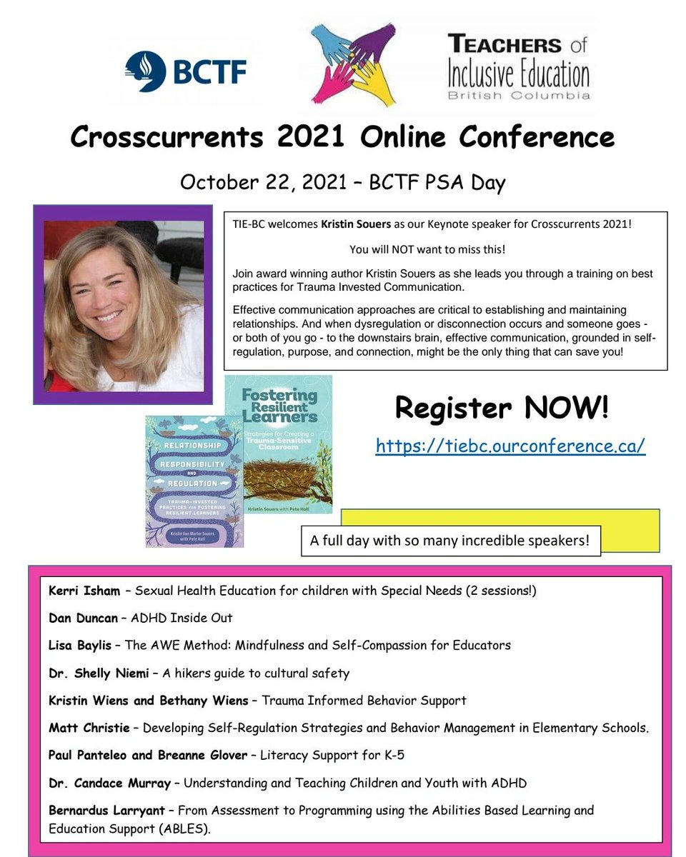 Do you work in a school? Do you work with children? This is a MUST SEE conference! Oct 22nd. Register NOW! Don't miss out. <a href="/bctf/">BC Teachers’ Federation</a> @TIE_BC #bctfpsaday2021 #traumainvested #Teachers #education #bced