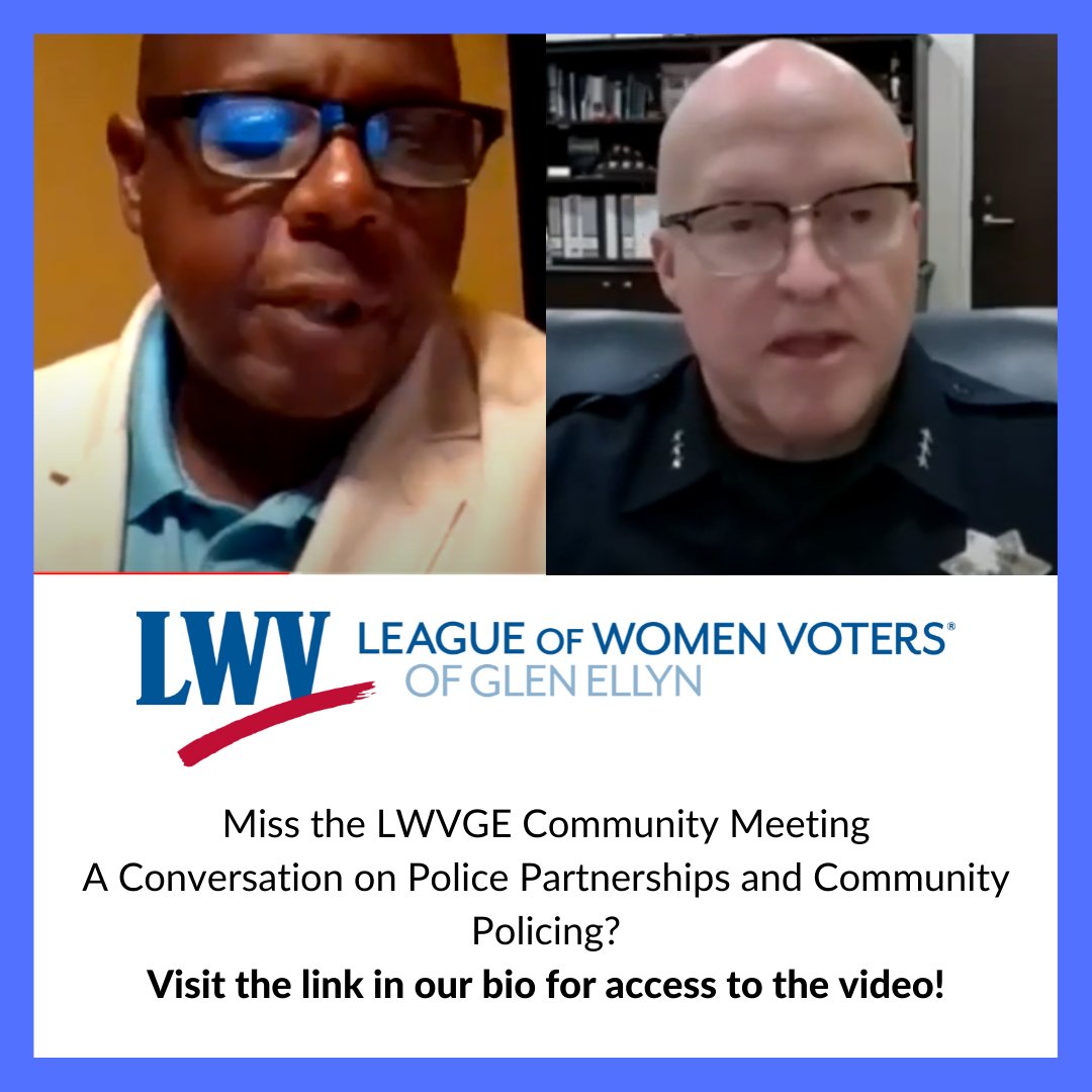 LWVGE's tweet photo. Did you miss the LWVGE Community Meeting: A Conversation on Police Partnerships and Community Policing?  View it on our YouTube channel! https://t.co/S5MERklBat https://t.co/cKp47M5kIa