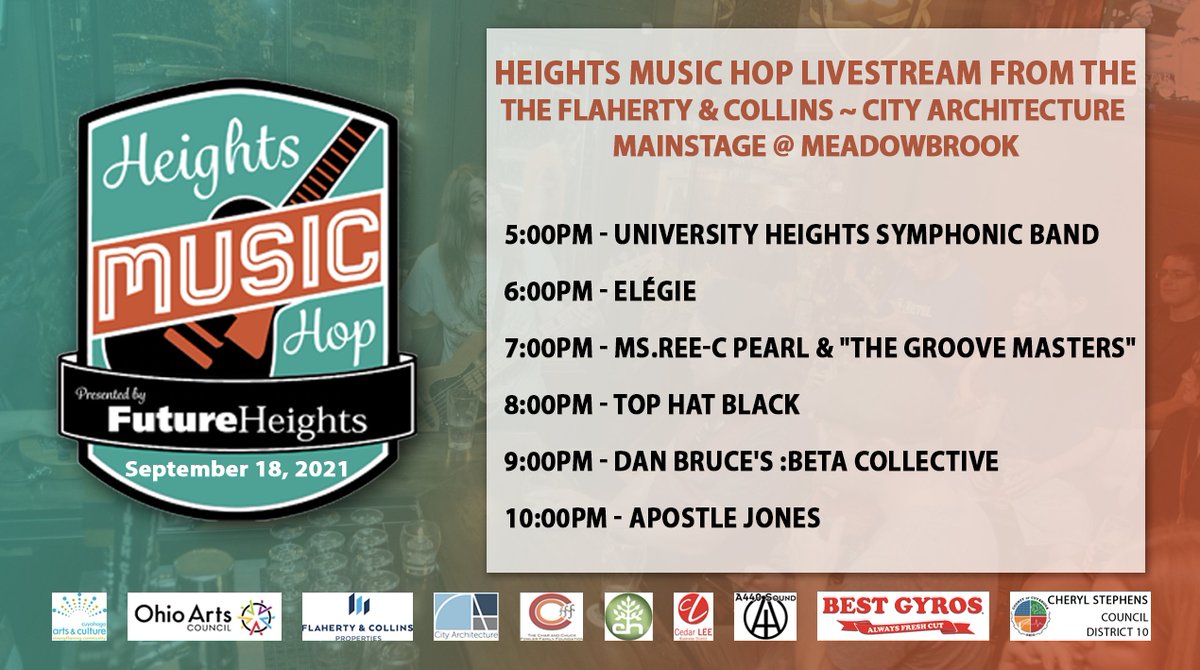 Happy event day hoppers! Heights Music Hop goes live on location in the Cedar Lee Business District of Cleveland Heights on Lee Road at 5pm! Join us from the event or through our LIVE stream by following the link! bit.ly/3Exj4Ow 

#letshop #allintheheights #hmh21