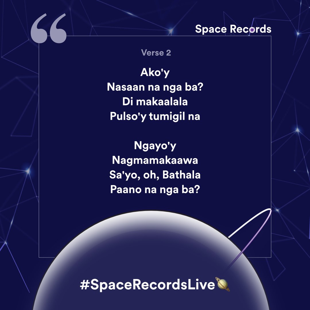 SpaceRecordsSPO's tweet photo. Minsan, sa kakamahal natin, nawala na natin ang sarili natin. #Project280 #SpaceRecordsLiveEp2

#Project280 song 2 lyrics thread ♫ https://t.co/iWpg59QxqB