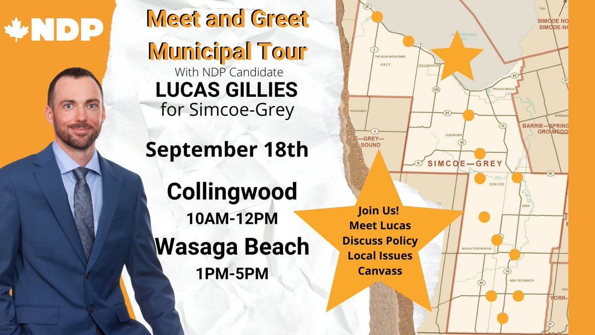 SimcoeGreyNDP's tweet image. Lucas is visiting Collingwood and Wasaga Beach today! He is looking forward to speaking to residents businesses! 🧡 #Elxn44 #simcoegrey #VoteNDP