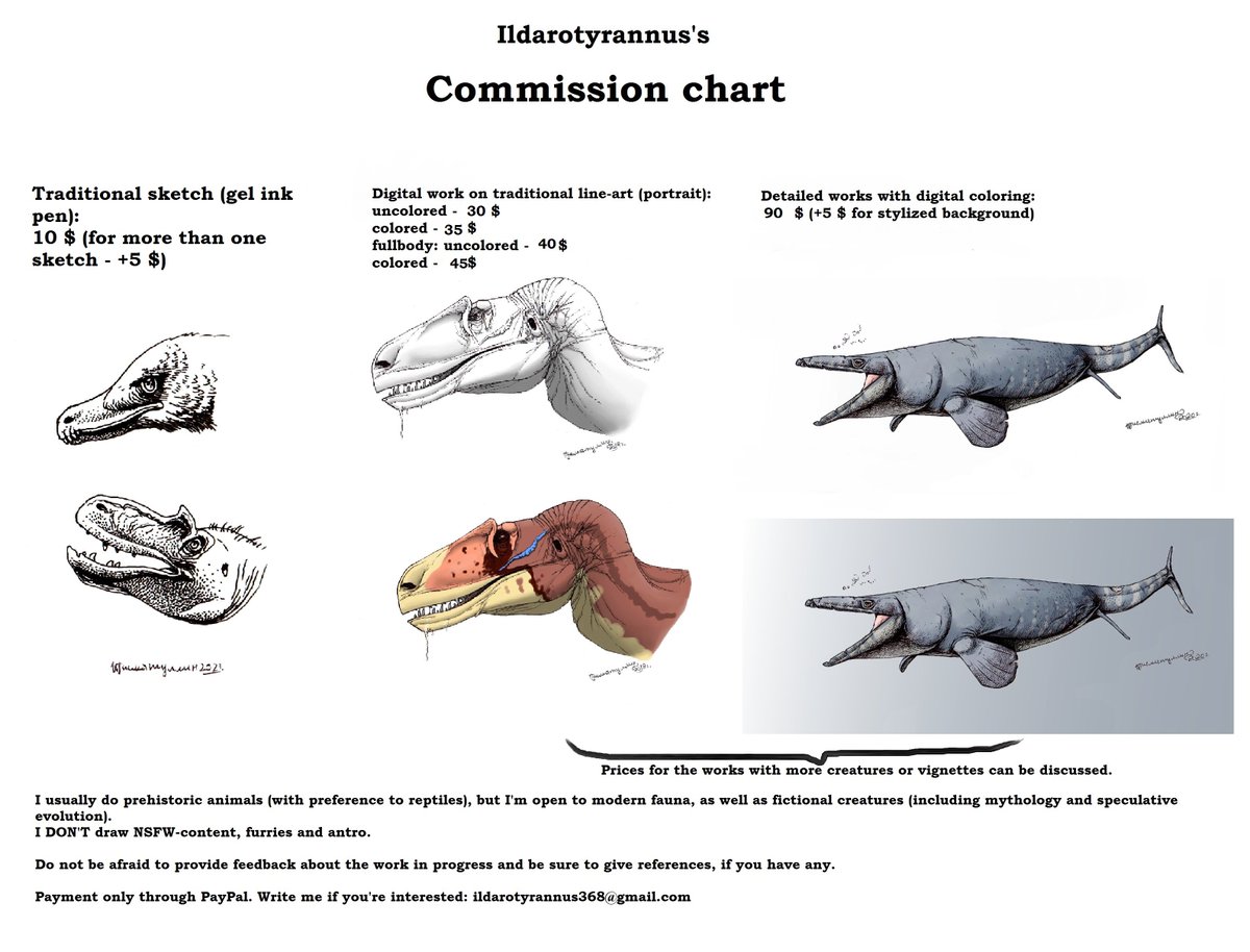 ildarotyrannus's tweet image. Updated commission chart. 🙂 Now, instead of difficult digital sketches, there are traditional sketches with a pen. Also, the prices for fullbody linearts with shadows and color and detailed works are slightly lowered.