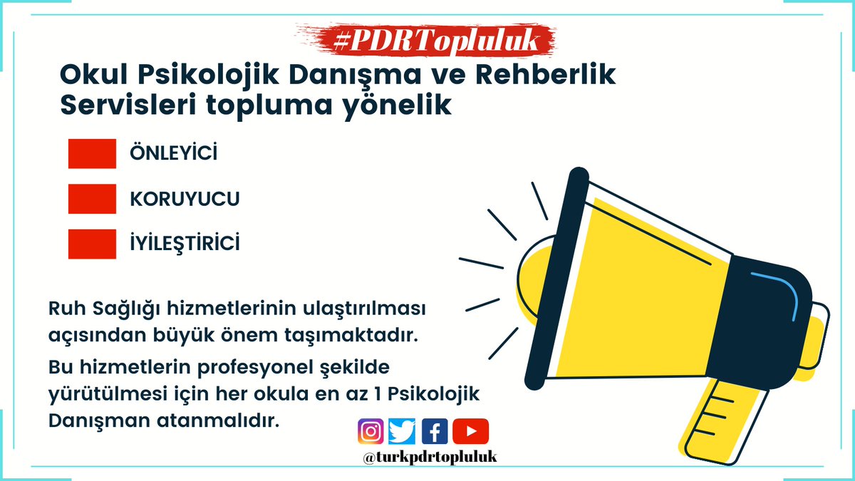 turkpdrtopluluk's tweet photo. Okul PDR Servisleri topluma yönelik ÖNLEYİCİ,KORUYUCU,İYİLEŞTİRİCİ ruh sağlığı hizmetlerinin ulaştırılması açısından büyük önem taşımaktadır.

#MebHerOkulaPDR
@fehmirasimcelik
@demiiryakup
@tcmeb
@aebilgili
@mehmetnezirg
@muratagar60 https://t.co/8T5sBswNDc