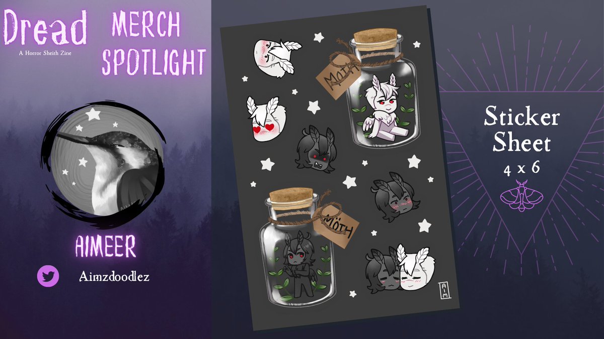 MERCH SPOTLIGHT - 4 x 6 sticker sheet by 
<a href="/Aimzdoodlez/">Aimeer | comms: OPEN</a> 

Check out these spookily cool stickers featuring mothmen sheith! Preorder now to get yours! Preorders open through October 1st!

🔮PREORDERS OPEN: dreadzine.bigcartel.com 🔮