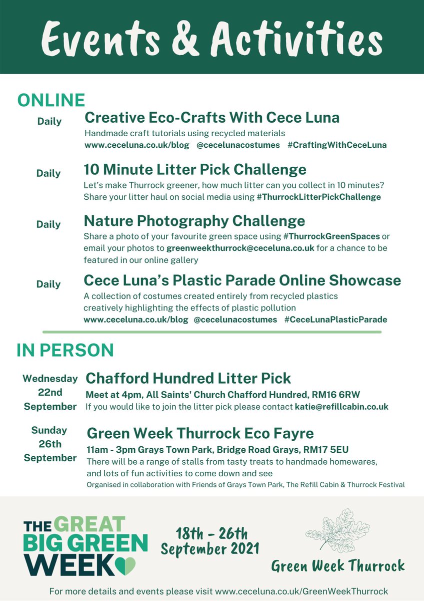 Green Week Thurrock is here! ♻️💚

We hope you enjoy all the events and activities 💚

#Thurrock #GreenWeekThurrock #GreenWeekThurrockEcoFayre #ThurrockEcoFayre #GraysTownPark #GreatBigGreenWeek  #Sustainability #reducereuserecycle #saynotosingleuse  #keepbritaintidy #showthelove