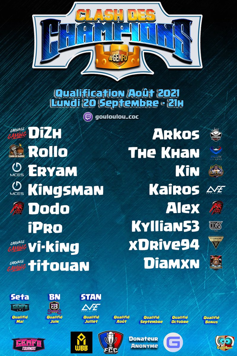 🏆Clash des Champions #4 #GEmFo : le plus grand Tournoi Individuel Fr <a href="/ClashofClansFce/">Clash of Clans FR</a> 

📢16 Meilleurs Fr Rush &amp; eSport
🛡️12 clans représentés
🥇1 seul gagnant !
💎2750 gemmes
❔Qui prendra le 4ème Golden Ticket

🌟Le Skill sans limite 

🗓️RDV Lundi 19/7 à 21h <a href="/gouloulou_coc/">Gouloulou</a>