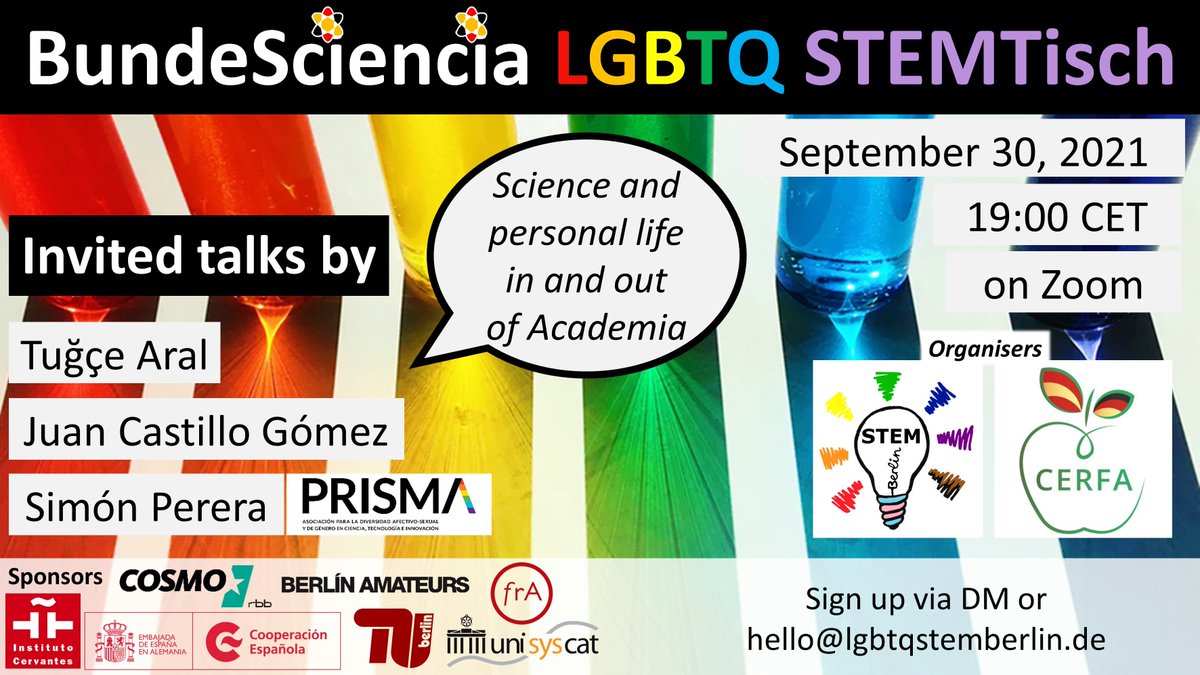 We are looking forward to the #BundeSciencia #LGBTQSTEMtisch on 30 Sep 2021 at 19:00 CEST via Zoom with invited talks by @tugcearal, Juan Castillo Gomez and <a href="/SimonPerera/">Simón Perera ☮️ 🏳️‍🌈🏳️‍⚧️</a>. The event is hosted by <a href="/SociedadCerfa/">Sociedad CERFA</a> and <a href="/lgbtqstemberlin/">LGBTQ STEM Berlin</a>. Please message us if you want to participate.