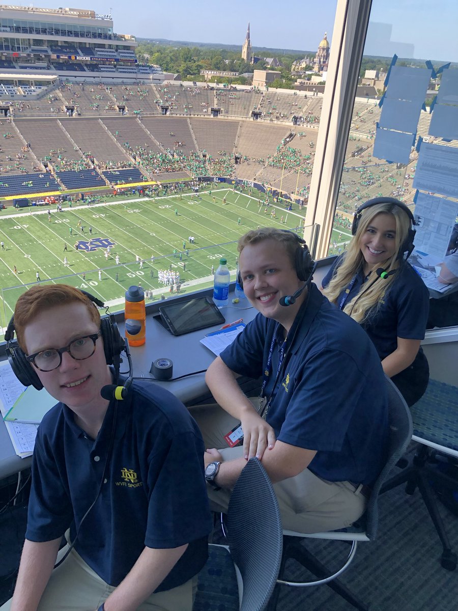 Ready to roll from the ND press box- Jacob Irons, John Bailey, Maria Wainscott ⁦<a href="/wvfi_radio/">WVFI Radio</a>⁩