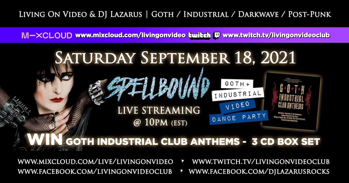djlazarusrocks's tweet photo. Sat Sept 18 - SPELLBOUND: Goth + Industrial Video Dance Party @ 10pm (EST) https://t.co/1G3Eqg0kjP or https://t.co/J9bnQaTBgI #goth #gothic #gothmusic #industrial #skinnypuppy #thecure #siouxsie #gothparty #gothevents #torontoparty #djlazarus #bauhaus #darkwave #postpunk #twitch https://t.co/7DN3jsjZeL