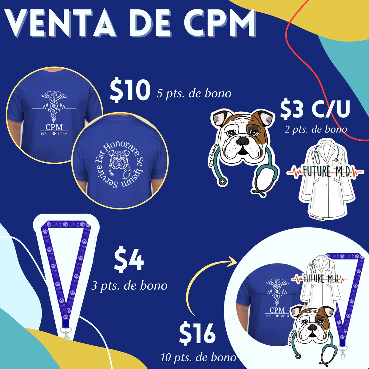 ¡Saludos Premédicos! 
Recuerden que tienen hasta esta semana para ordenar su merch de CPM🩺✨. No te quedes sin tu artículo 💯
- BUNDLE $16💥
- T-shirt $10 👕
- Lanyard $4 🔑
- Stickers $3 🐶🥼