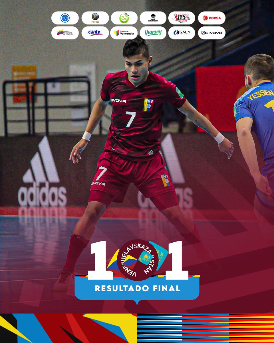 FutsalFVF's tweet photo. 🙌 ¡FINAL! 

Venezuela 1-1 Kazajistán

👟 Alfredo Vidal 1’ (2T)
👟 Douglas Jr 15’ (1T)

#SomosVinotinto #VINOTINTOxTLT #FutsalWC https://t.co/7v5EBnOh7F