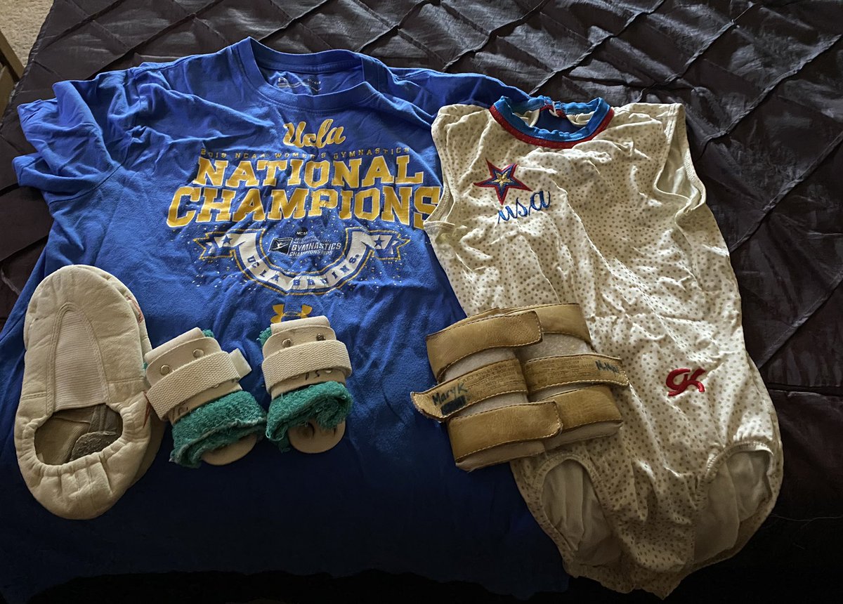 MaryKMyal's tweet photo. In honor of #NationalGymnasticsDay, I broke out my @uclagymnastics National Champion t-shirt, along with an old USA leotard..along w/my tiger paws, vault shoes, & grips. Then found a team pic of my competitive days. π€Έπ½ββοΈ #GymnasticDay #NGD2021 ππβ€οΈπ€π€ https://t.co/QLAzVIb7J3
