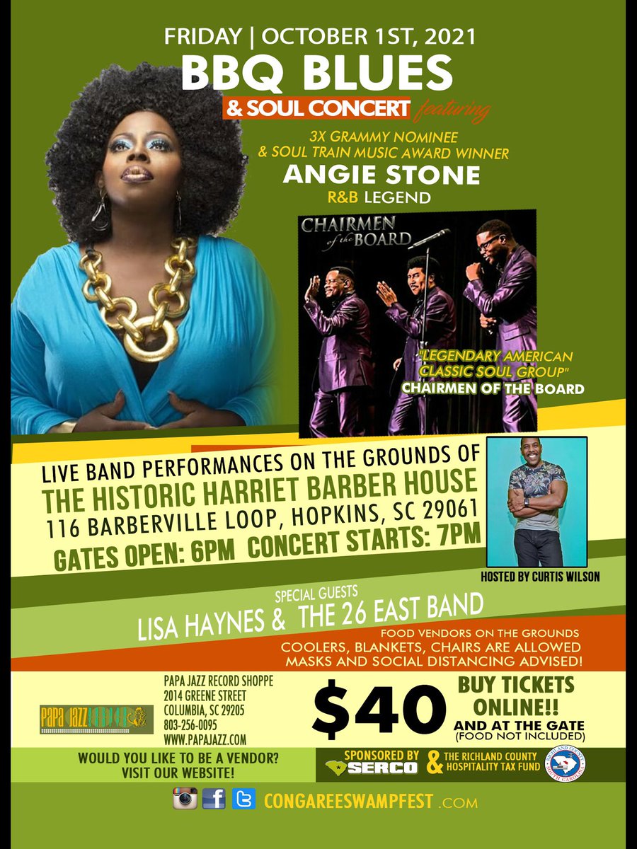Oct 1, 2021 Angie Stone/Chairmen Of The Board Concert
Hopkins, SC 7PM #angiestone #chairmenoftheboard