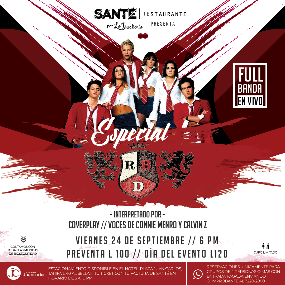 🔥🤩 ¡NOS ENCANTA PRESENTAR SHOWS ÚNICOS Y ORIGINALES 😱 #VenitéASanté este viernes 24 de septiembre a revivir los grandes éxitos de la legendaria agrupación RBD 🇲🇽, en este especial interpretado por <a href="/CoverplayH/">CoverplayHn</a> con las voces de Connie Menro y Calvin Z.