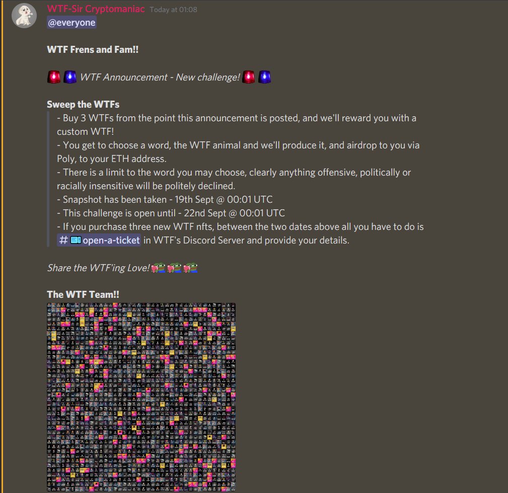 Sweep the WTF'ing Floor!! 🧹🧹🧹

Prize - We create custom WTFs for the winners.... what the actual f***!

To claim please join our Discord Server and follow the guidelines below.

discord.gg/BVVzuTwp4p

Full details provided in the screenshot below.

Get your WTF on!!! 🤬🤬🤬