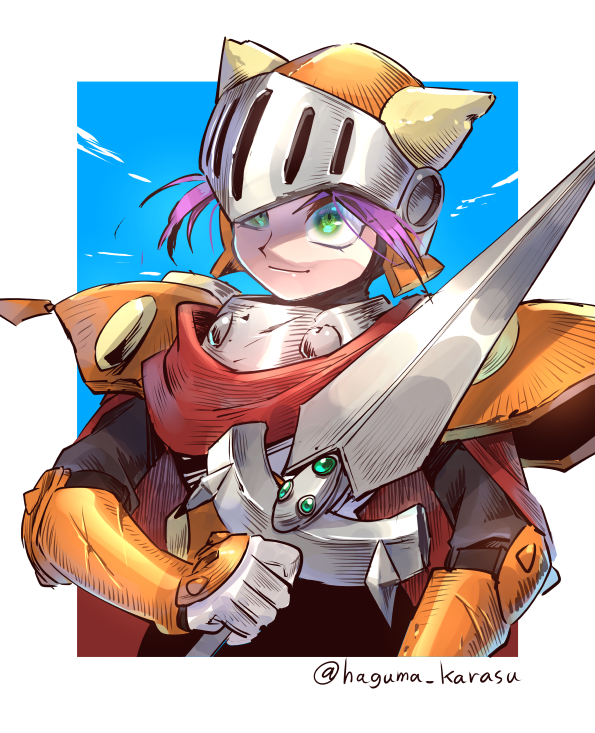 weapon green eyes helmet armor solo holding weapon smile  illustration images