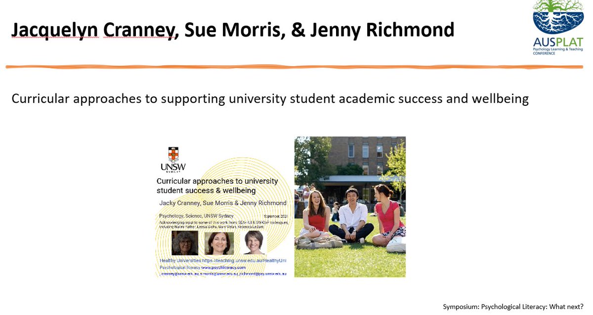 ausplat's tweet photo. Our final paper in the #psychliteracy symposium focuses on "healthy universities" curriculum, with a personalised learning design approach. Really interesting 'just-in-time' Moodle prompts @jackycranney #SueMorris @JenRichmondPhD #AusPLAT2021 https://t.co/fFzYOKELcs