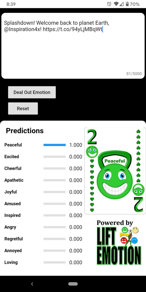 AFFECTxAI's tweet image. Trending @SpaceX tweet analyzed for the expressed emotion.
#NLP #NLProc #EmotionAI  #Deeplearning #Machinelearning #Sentiment #Technology #Neuroscience #DataScience #Data #Tech