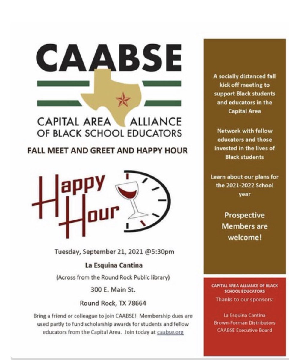 We can’t wait to see family and friends of <a href="/CAABSE/">Capital Area Alliance of Black School Educators</a> on Tuesday! We are excited to see you all at our Fall Meet &amp; Greet Happy Hour. It promises to be an empowering event. #IronSharpensIron #BetterTogether <a href="/kno_powers_all/">Hutch</a> <a href="/BloodworthEd/">Ed Bloodworth</a> <a href="/BloodworthEd/">Ed Bloodworth</a> <a href="/LaKesha_Drinks/">La Kesha Drinks</a> <a href="/TABSE_Texas/">TABSE_Texas</a>