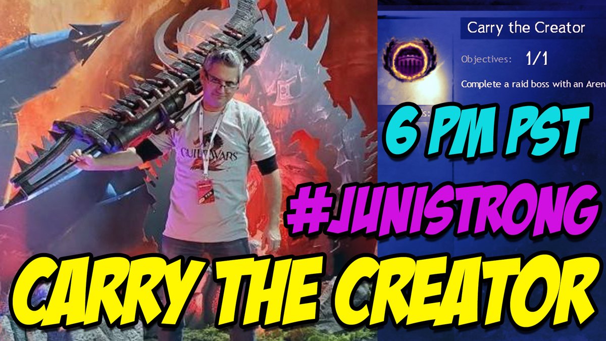 JebroUnity's tweet photo. Today we are #JuniSTRONG ! 

The @GuildWars2 community is coming out to support Juni &amp; @MaericTV &amp; their fight against cancer!

Come by at 6pm PST https://t.co/sqSpdIPU21 !

Tonight @BobbyStein will join us to get players the "carry the creator" achievement as we raise funds! https://t.co/R86UdIqJBq