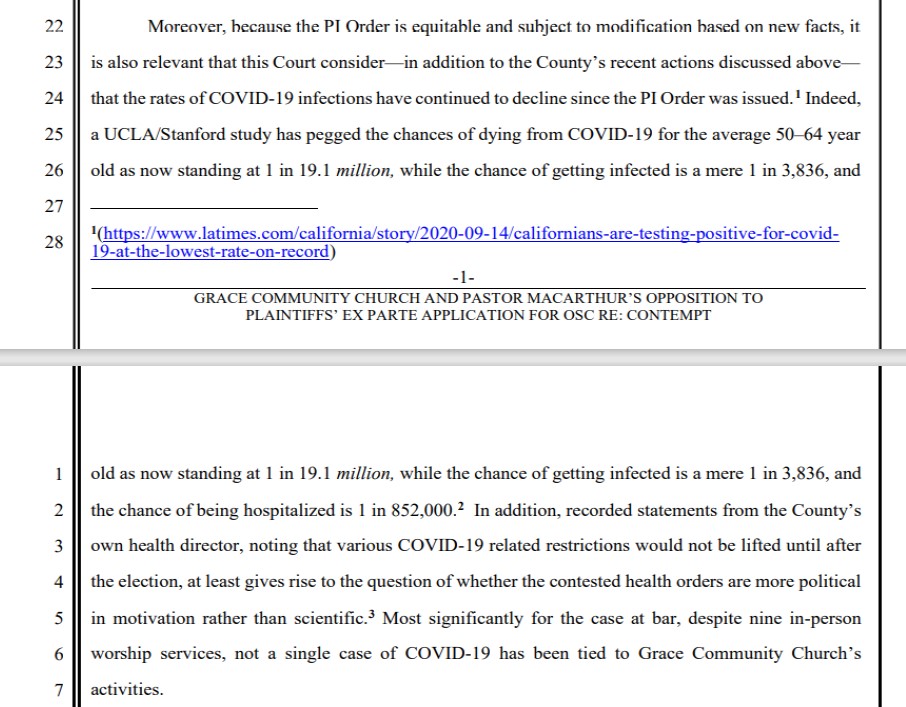 ChurchAndCovid's tweet photo. 9/18/2020: attorneys for @johnmacarthur of @GraceComChurch presented info to court. First is from a court filing, 2nd from an interview, statement that betw ages 50-64, there was 1 in 19.1 million chance of dying of covid in CA. #MathIsEssential @reachjulieroys @ModernDayZorro https://t.co/kfYaPHy7iT